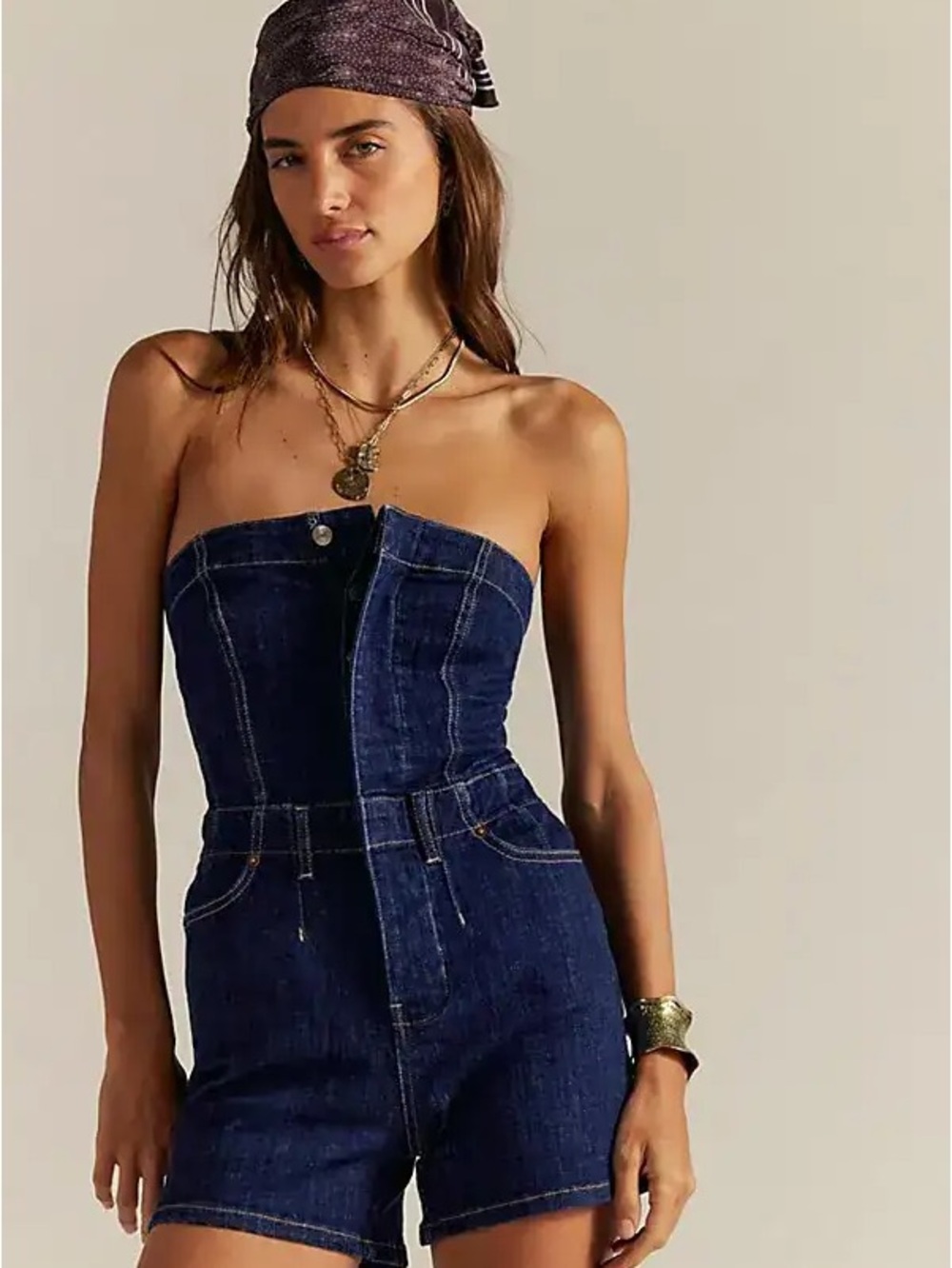 We The Free Blue Denim Strapless Romper